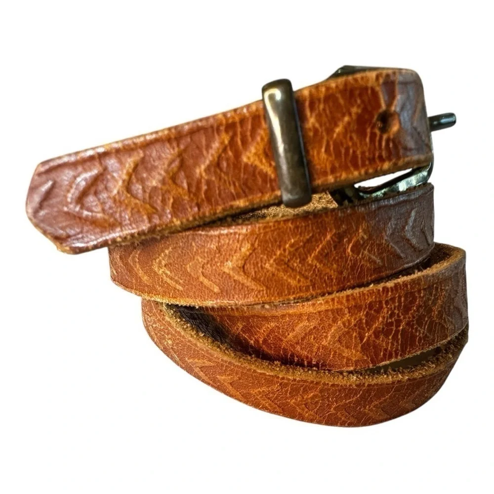 Vintage Skinny Tan Leather Embossed Chevron Pattern Belt